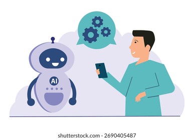 Concepto de chatbot. Robot de Servicio al cliente. Hombre charlando con el bot de chat.