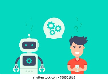 Conceito de Chatbot. Robô de serviço ao cliente. Homem conversando com bot bate-papo. Usuário fazer robô a pergunta e obter uma resposta. Altere as configurações com bot. Conversação com bot de bate-papo. Ilustração plana vetorial