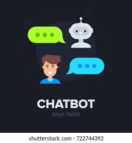 Chatbot concept. Cute smiling robot make conversation with young man. Bot's and man's avatars with speech bubbles. Customer support service concept. Vector illustration in flat modern style