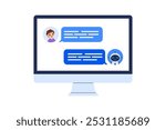 Chatbot concept featuring conversation between human and robot on monitor screen. Vector illustration for AI communication, customer service designs and digital assistant projects