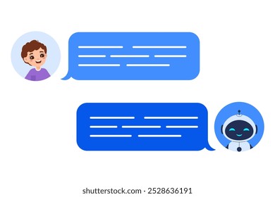 Chatbot concept featuring conversation between human and robot in messenger. Vector illustration for AI communication, customer service designs and digital assistant projects