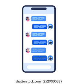 Chatbot concept featuring conversation between human and robot on smartphone screen. Vector illustration for AI communication, customer service designs and digital assistant projects