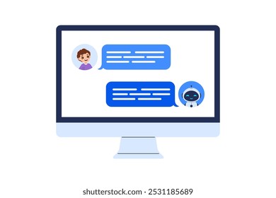 Chatbot-Konzept mit Gespräch zwischen Mensch und Roboter auf dem Bildschirm. Vektorgrafik für KI-Kommunikation, Kundendienstdesigns und digitale Assistentenprojekte