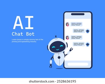 Chatbot concept featuring robot and chat between human and robot. Vector illustration for AI communication, customer service designs and digital assistant projects