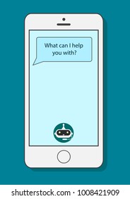 Chatbot concept in flat style. With text. User chatting with chatbot in mobile application. Vector design illustration.