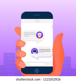 	
Chatbot concept and future marketing concept. Dialog help service.Man chatting with chat bot.