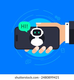 Concepto de chatbot. Mano sosteniendo el smartphone con Bot que dicen Hola a través de la pantalla del teléfono.  Comunicación en línea con chat bot. Asistente de Asistencia al cliente de robots AI. Ilustración vectorial