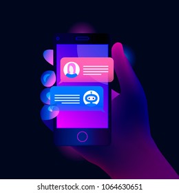 Chatbot Concept. Hand Holds A Smartphone On The Screen Of Which Woman Chatting With Chat Bot. Trendy Color Style. Vector Illustration.