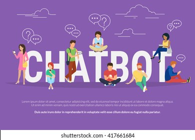 Chatbot concept illustration of young people using mobile gadgets such as tablet pc and mobile phone for chatting with chatter robot. Flat design of chatbot letters and guys with women standing near 