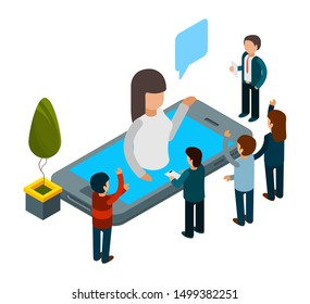 Chatbot concept. Isometric artificial intelligence. Vector people chatting with chat bot app