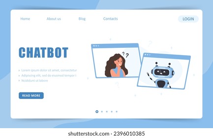 Chatbot concept. Landing page template. Woman talking with robot. AI assistant. Girl asking questions and receiving answers. Online customer support. Vector illustration in flat cartoon style.
