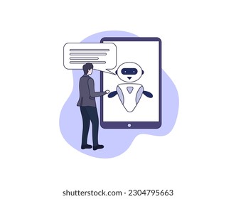 Concepto de bots de charla. Un hombrecito se comunica con una aplicación de chat bot. Asistente de robots de inteligencia artificial, soporte al cliente en línea. Estilo moderno de dibujos animados planos