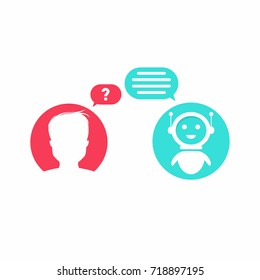 Chatbot concept. Man is asking question to chatbot. User icon and virtual assistant icon chatting. Vector