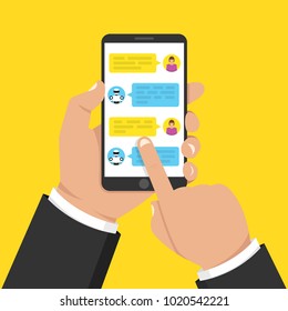 Chatbot concept. Man chatting with chat bot on smartphone. User talk with bot in messenger. Vector illustration.
