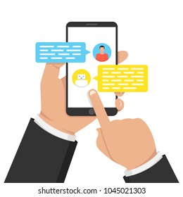 Chatbot concept. Man chatting with chat bot on smartphone. User talk with bot in messenger. Vector illustration.