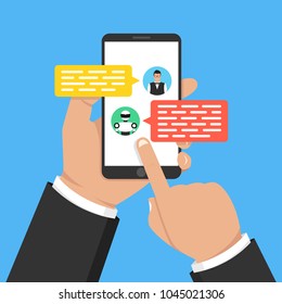 Chatbot concept. Man chatting with chat bot on smartphone. User talk with bot in messenger. Vector illustration.