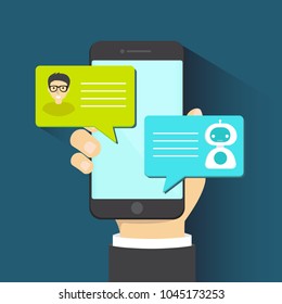 Chatbot concept. Man chatting with chat bot on smartphone
