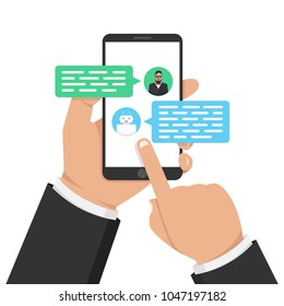 Chatbot concept. Man chatting with chat bot on smartphone. User talk with bot in messenger. Vector illustration.