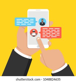 Chatbot concept. Man chatting with chat bot on smartphone. User talk with bot in messenger. Vector illustration.