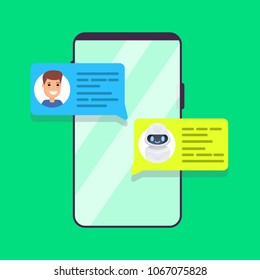 Chatbot concept. Man chatting with chat bot on smartphone. Vector colorful  illustration