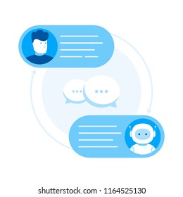 Chatbot concept. Man chatting with chat bot. Modern flat style vector illustration.