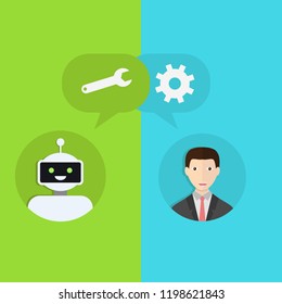 Chatbot concept. Man chatting with chat bot. Interaction with robot. Change settings with a bot. Communication with chat bot. Vector illustration.