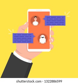 Chatbot concept. Man chatting with chat bot on smartphone. User talk with bot in messenger. Vector illustration.