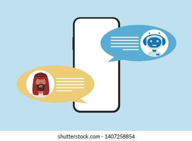 Chatbot concept. Man chatting with chat bot on smartphone. Flat vector design style minimalistic illustration for business, site, web. 