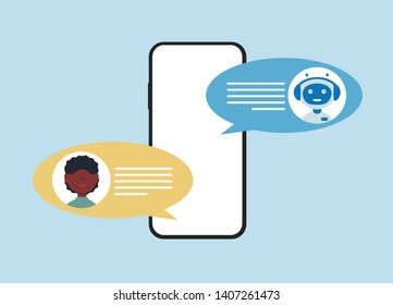 Chatbot concept. Man chatting with chat bot on smartphone. Flat vector design style minimalistic illustration for business, site, web. 