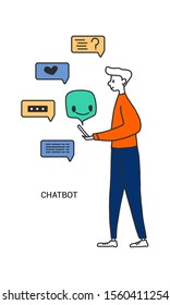 Chatbot concept. Man chatting with chat bot on smartphone. Vector illustration