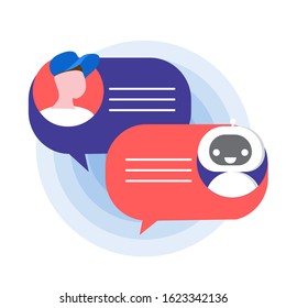 Chatbot concept. Man chatting with chat bot. Online support bot. Vector illustration