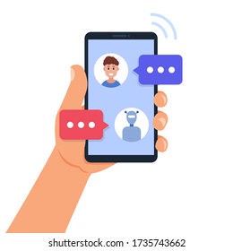 Chatbot-Konzept. Mann chattet mit Chat-Bot auf Smartphone. Vector-Abbildung.