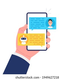 Concepto de bots de charla. Hombre charlando con un robot de chat en un smartphone. Ilustración vectorial.