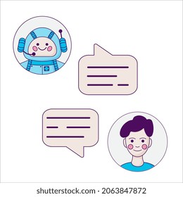 Chatbot concept. Man chatting with chat bot. User ask robot the question and get an answer.