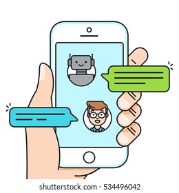 Chatbot concept. Man chatting with chat bot on smartphone. Vector illustration