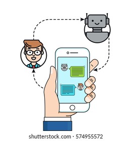 Chatbot Concept. Man Chatting With Chat Bot On Smartphone. Vector Linear Flat Illustration, Male Hand Holding Phone. Mobile Connection, Communication Concept