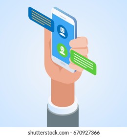 Chatbot concept. Man chatting with chat bot on smartphone. Vector illustration