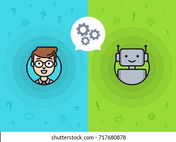 Chatbot concept. Man chatting with chat bot. Interaction with customer support robot. Changing settings with a bot online. Conversation with chatbot. Vector illustration