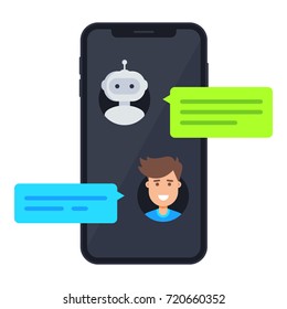  Concepto de bots. Hombre charlando con un robot de chat en un smartphone. Concepto de mensajero telefónico. Conversación en línea con mensaje de texto. Ilustración plana del vector aislada en fondo blanco