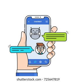 Chatbot concept. Man chatting with chat bot on smartphone. Smart bot talk with user in the messenger. Vector illustration in modern flat line style. Isolated on white background