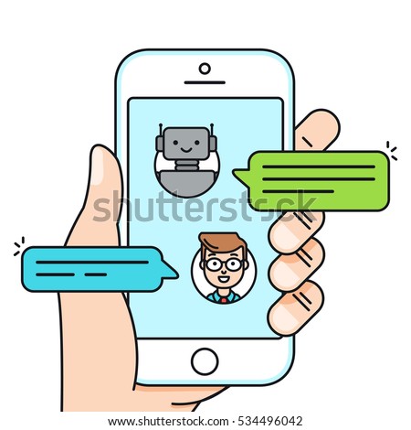Chatbot concept. Man chatting with chat bot on smartphone. Vector illustration
