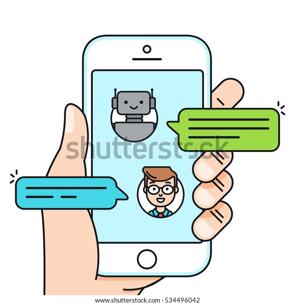 チャットボットのコンセプト スマートフォンでチャットボットを使ってチャットする男性 ベクターイラスト のベクター画像素材 ロイヤリティフリー