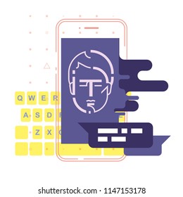 Chatbot concept. Man chatting with chatbot on smartphone. Vector illustration