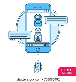 Chatbot concept. Man chatting with chatbot on a smartphone. Flat design style modern vector minimalistic illustration concept for business, site, banners, web. Vector illustration