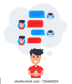 Chatbot concept. Man imagine how he chatting with customer support robot. Young man talk with chat bot on smartphone. Conversation with robot in messenger. Vector illustration in flat design style