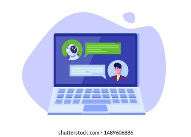 Chatbot concept. Man talking to robot. Customer support service android,  artificial intelligence dialog . 