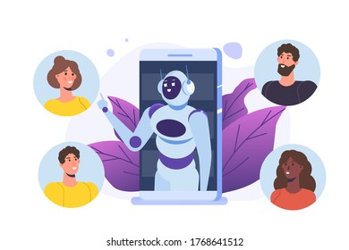 Chatbot concept. Man talking to robot. Customer support service android,  artificial intelligence dialog . 
