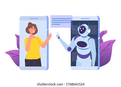 Chatbot-Konzept. Man spricht mit Roboter. Kundenservice android, Dialog über künstliche Intelligenz. 