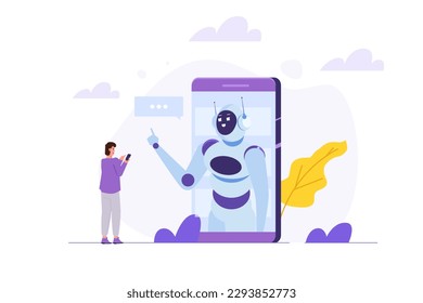 Chatbot concept. Man talking to robot. Customer support service android,  artificial intelligence dialog . 