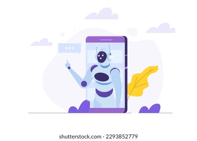 Chatbot concept. Man talking to robot. Customer support service android,  artificial intelligence dialog . 